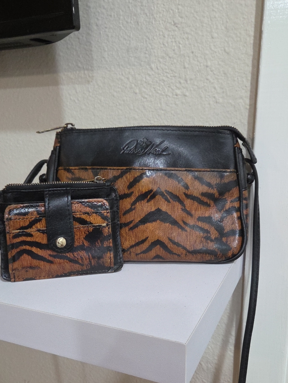 Patricia Nash Black and Brown Tiger-Print Crossbody with Matching Card Wallet